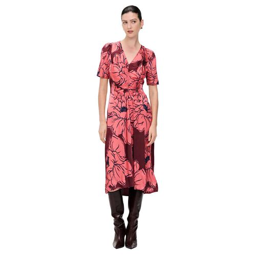 Veronika Maine Coral Peony Satin V Neck Midi Dress